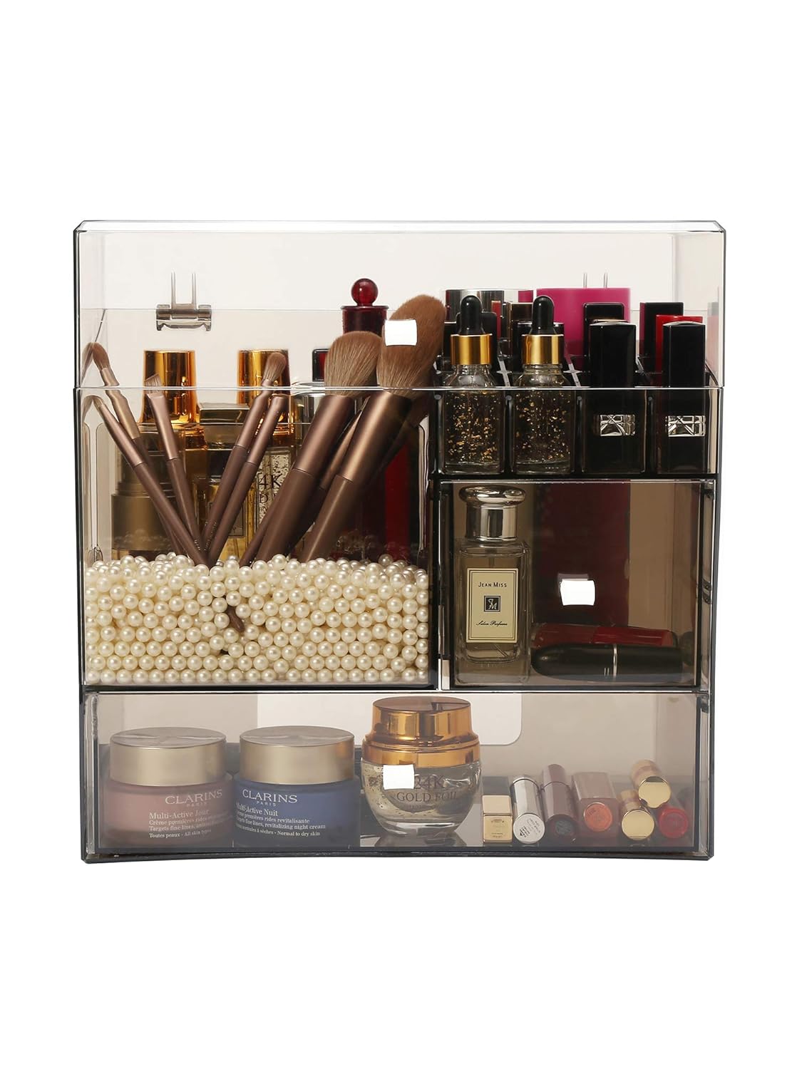 MOOCHI Tranlucent Black Large Makeup Organizer Multifuncational Dust Free Water Proof Cosmetics Storage Drawers Display Case for Brushes Lipsticks Skin Care Jewelry - Pearls Not Included: Beauty