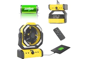 SmartTail Battery Powered Camping Fan with LED Lantern, 20000mAh Portable Travel Fan with Light and Hook, Adjustable Speed,Timer, Remote Control Tent Fan USB Rechargeable for Garage Beach RV Yellow