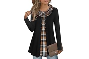 Bebonnie Womens Long Sleeve Cowl Neck Warm Splicing Tunic Tops with Buttons