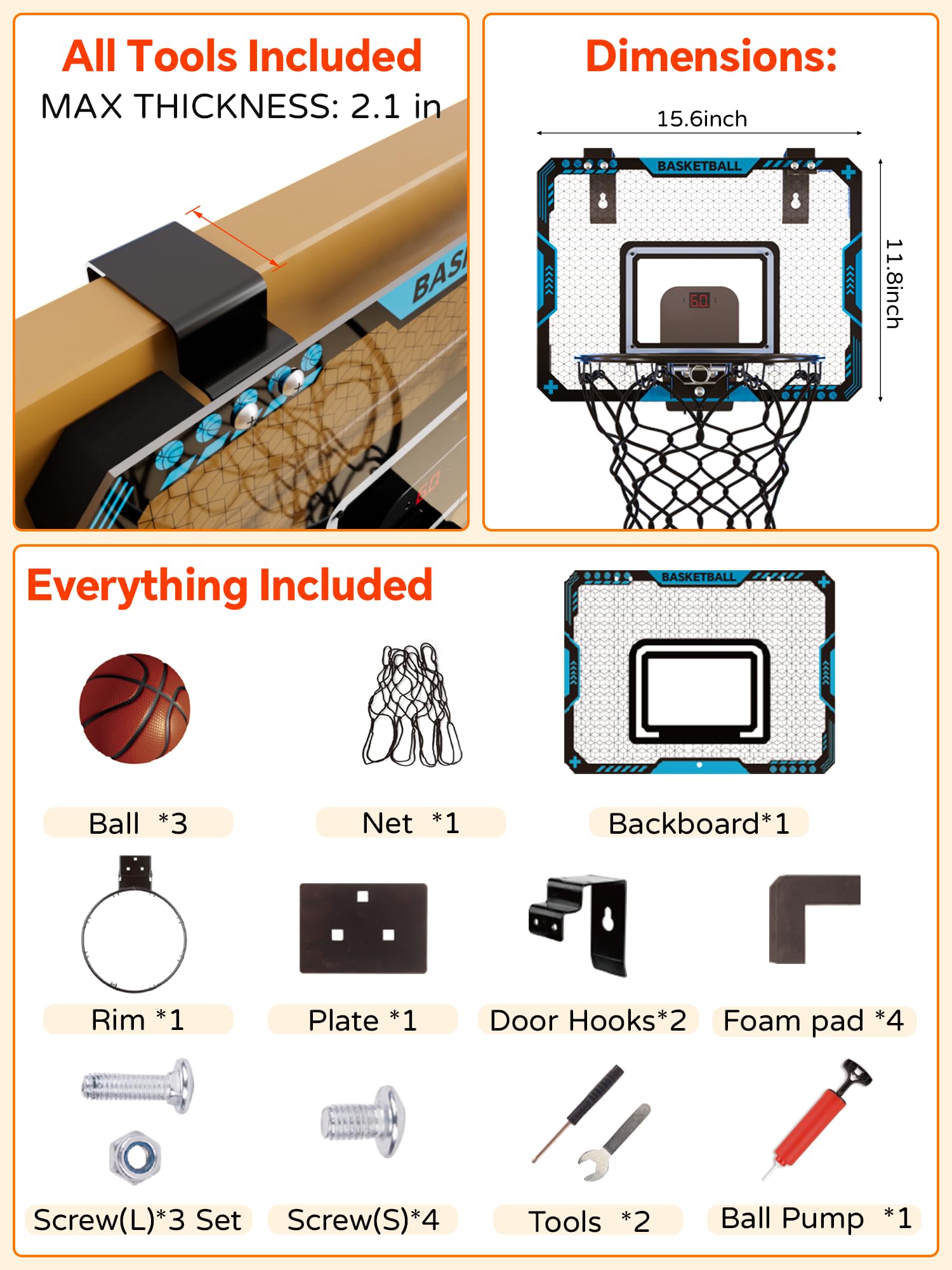 Mini Basketballkorb Indoor Kinder fürs Zimmer, Basketball Korb mit Elektronische Anzeigetafel, Faltbar, 3 Basketball, Sport Basketball Spielzeug Geschenke für Jungs Jungen (Blau) 7