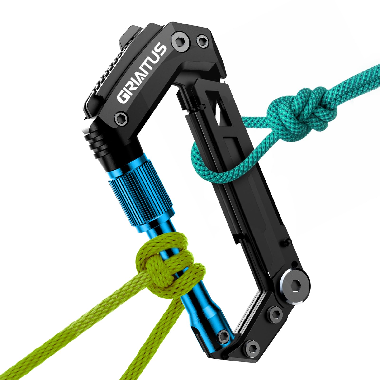Photo 1 of Carabiner Multitool with Pocket Knives, EDC Carabiners, Serrated Knife, Rope Cutter, Screwdriver, Can Bottle Opener, Ruler, Folding Knife for Camping Hiking, Stocking Stuffers Gifts for Men (Blue)