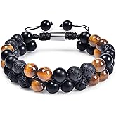 Triple Protection Energy Bracelet, Healing Crystals for Negative Energy Protection, Unisex Amulet with Obsidian, Tiger Eye, and Onyx Stones, Spiritual Jewelry for Men and Women, Healing, Manifestation, and Wellness (8mm triangular volcanic stone tiger eye chain)