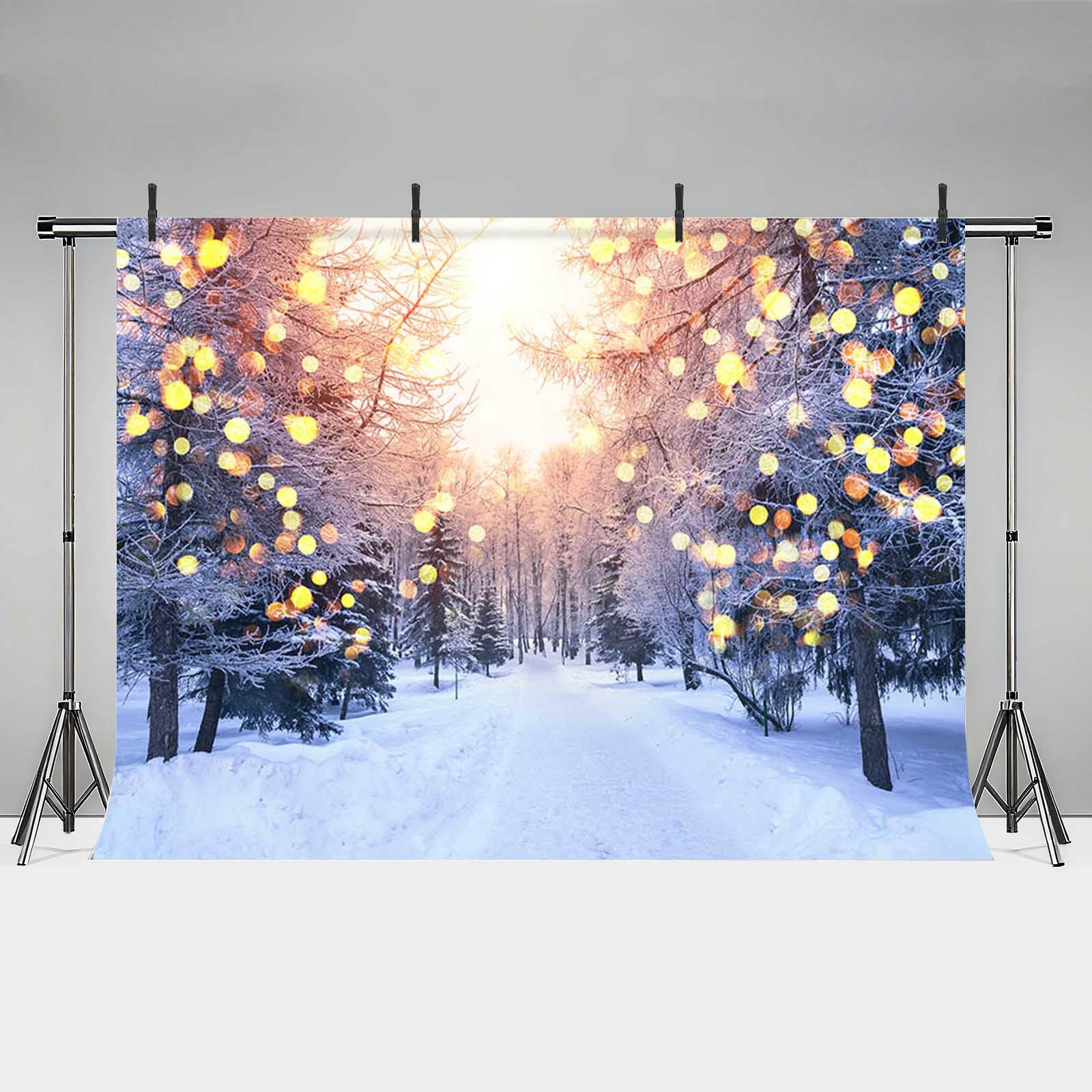 MEHOFOND 8x6ft Winter White Snow Scene Backdrop Wonderland Snowflake Gold Glitter Forest Photography Background Bokeh Christmas Party Decoration Banner Kids Portrait Photobooth Photo Studio