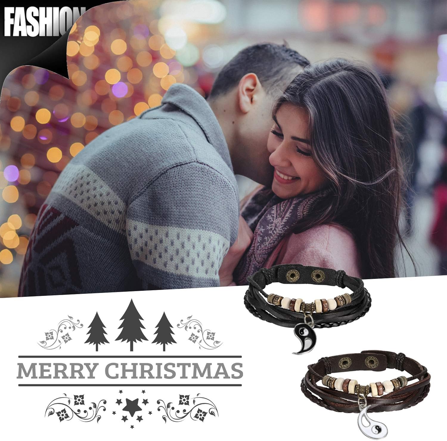 Cupimatch 2PCS Yin Yang Puzzle Matching Couples Leather Bracelet Bangle Cuff, 8.7", Yin/Yang, 22 centimeters - Image 3