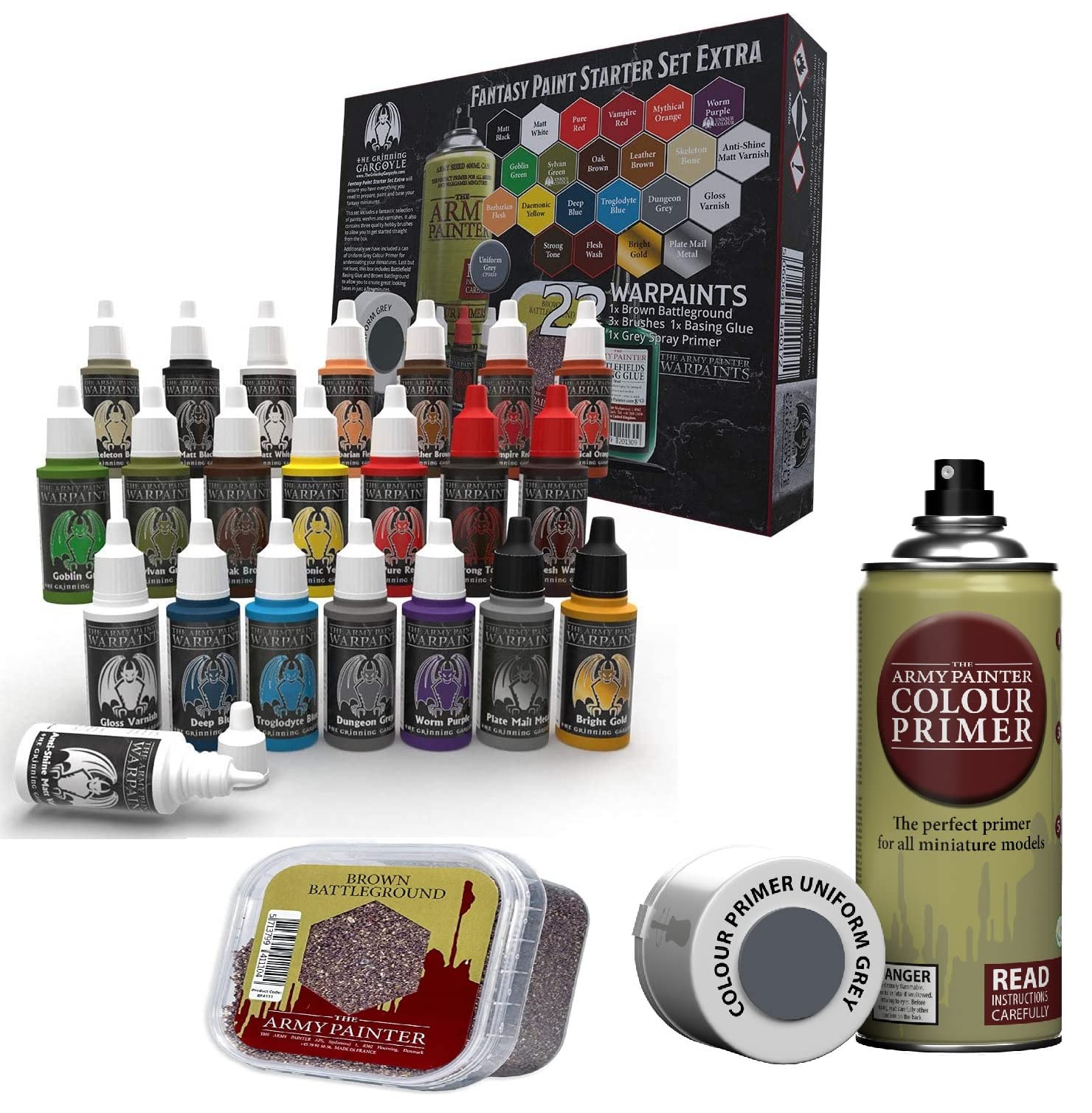 Grinning Gargoyle Fantasy Miniature Paint Set – The Army Paint Set for Roleplaying Tabletop Figures - 22x Acrylic Paints and a Brush Selection - Miniature Painting Kit Hobby Painting (Extra)