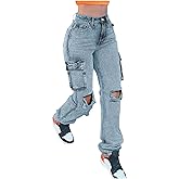 Women's Distressed Ripped Cargo Jeans High Waisted Straight Leg Denim Pants