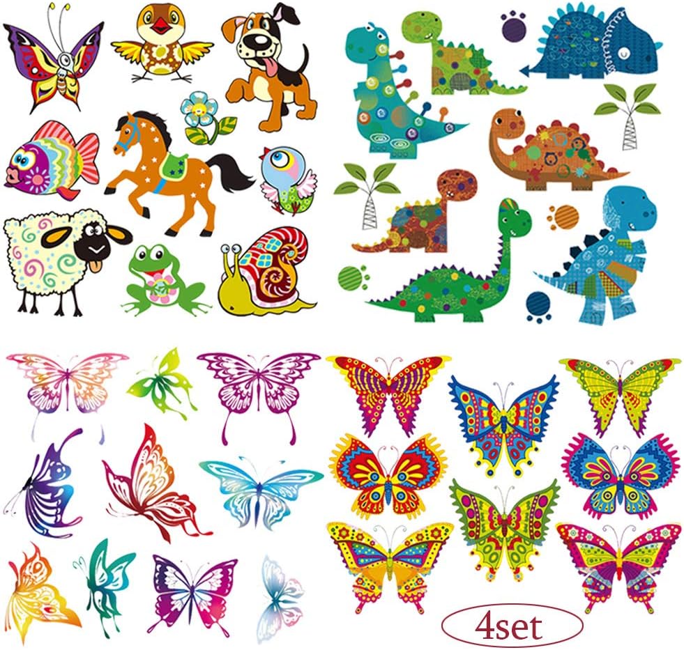 Butterfly Dinosaur Animail Iron on Patches Applique for Babies Lovely Cartoon Animal Birds Flowers Heat Transfers Stickers for Kids Boys Girls T-Shirt Coat Clothes DIY 4 Set
