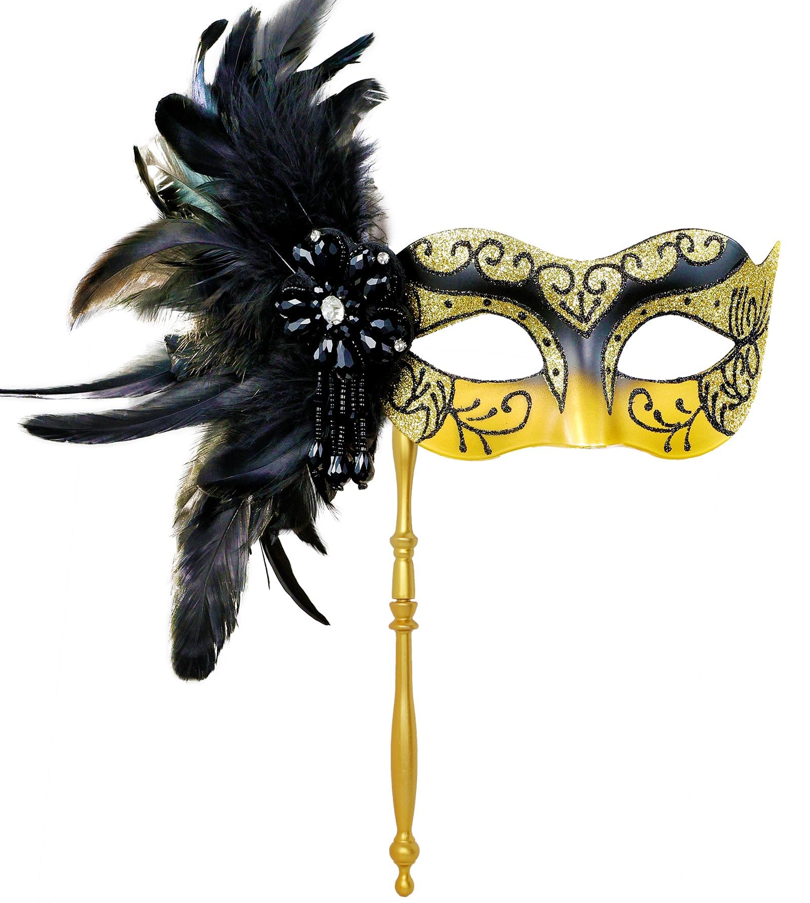 MYSEUNI 2025 New Black and Gold Masquerade Mask with Stick – Shiny Gold Feathered Mardi Gras Mask for Women for Halloween Parties, Carnival, Cosplay, Prom, Christmas