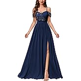 Miusol Women's Off Shoulder Elegant Sequined Split Spaghetti Straps Wedding Maxi Dress