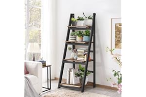 ALeesing 4 Tier Ladder Shelf, Wooden Ladder Shelf, Industrial 4 Tier Bookshelf Ladder Shelves Rustic Foldable Freestanding Plant Stand, Solid Wood Shelf with for Bedroom, Living Room, Brown Black