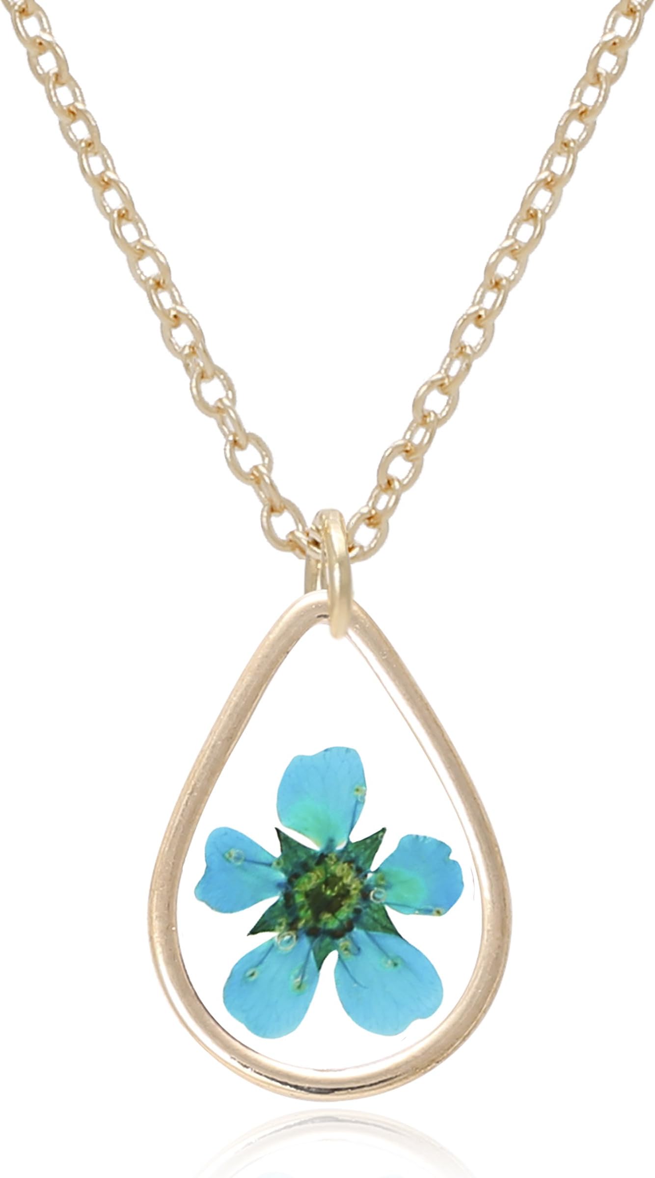 Women's Pressed Flower Tear Drop Frame Necklace Turquoise