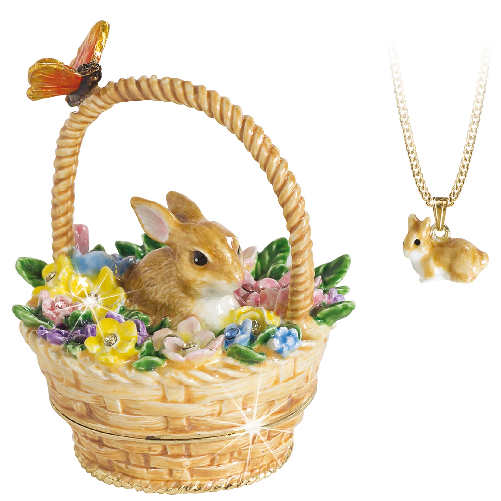 Secrets from Hidden Treasures 1096 Bunny in Basket Trinket Box, Gold