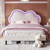 Jocisland Full Bed Frame Cloud Headboard LED Lights for Girls Room, Cream | Plush velvet upholstered, 44.3"-46.5"Adjustable Headboard, 7.1" underbed storage, No box spring needed, easy assembly