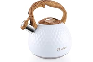 BELANKO 2.7 Quart Tea Kettle for Stovetop - Food Grade Stainless Steel with Diamond Texture, Designer Teapot Look, Cool-Touch Wood Pattern Handle, Whistling Spout - Gloss White