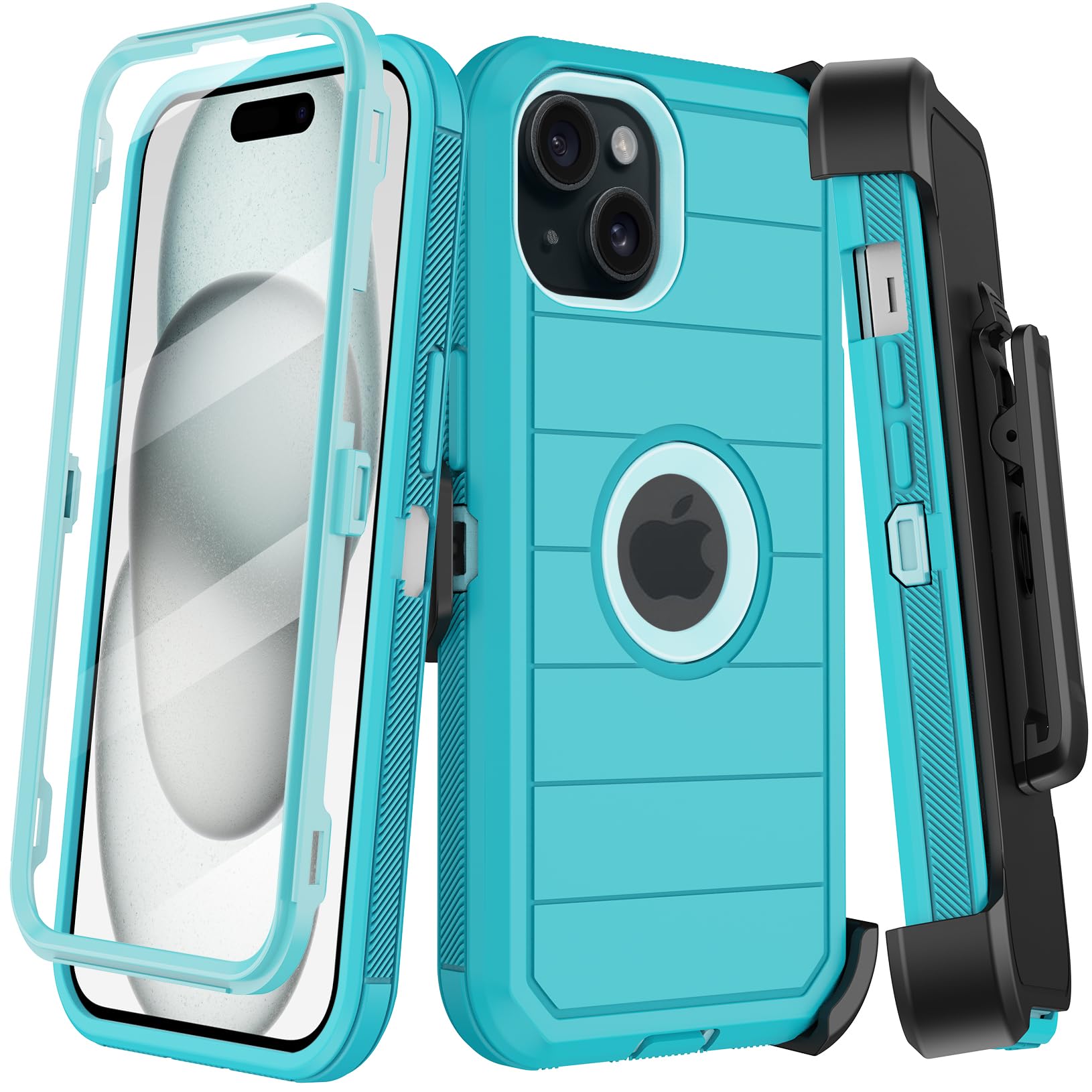 for iPhone 15 Plus Case with Belt Clip Holster,Built-in Screen Protector,Heavy Duty Shockproof Drop Protection Military Grade 3 Layers Rugged Phone Cover with Kickstand for Apple 15 Plus 6.7” (Mint)