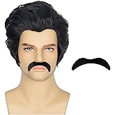 Miss U Hair Man Short Wavy Slicked Back Black Wig Fake Mustache Men's Party Cosplay Funny Wigs