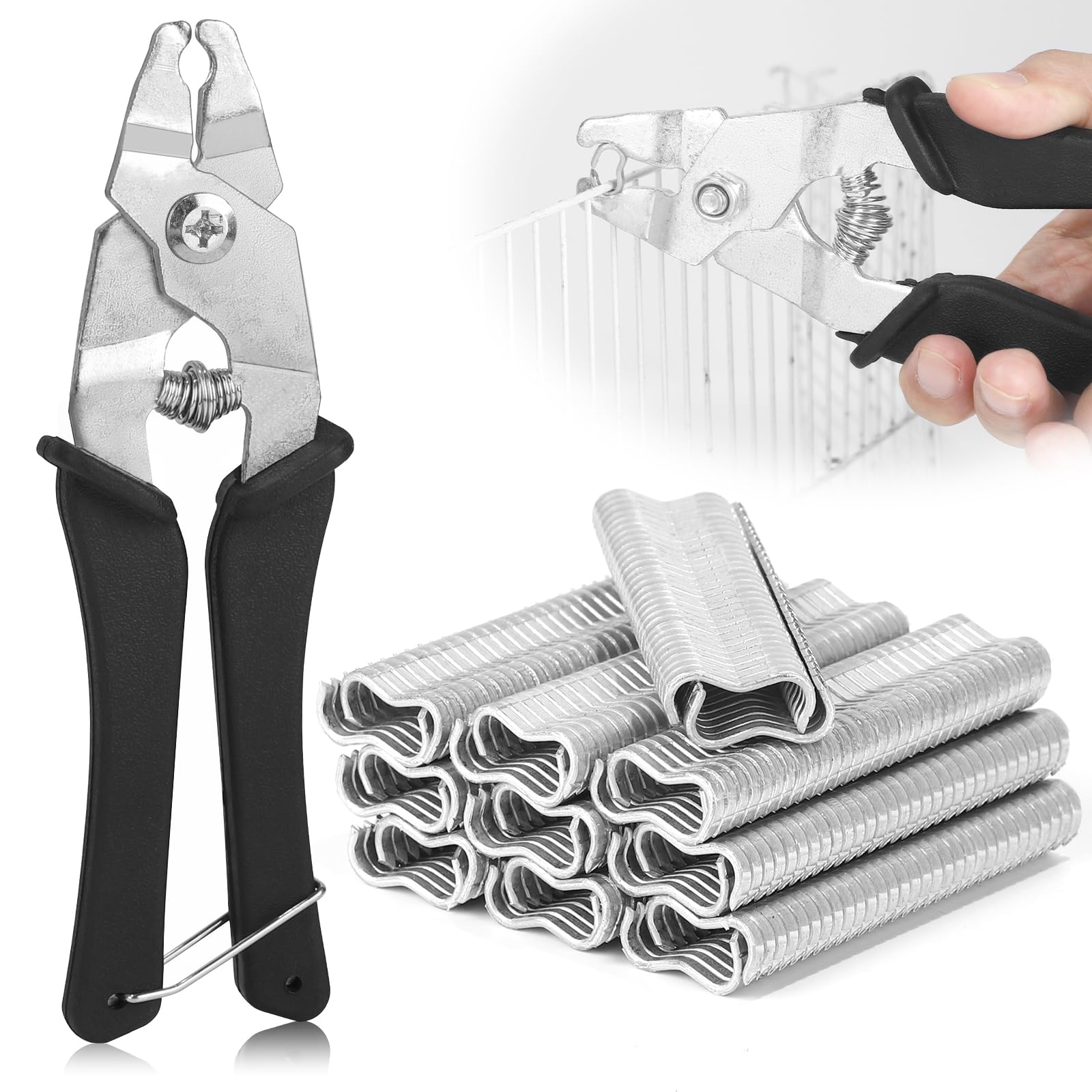 DBREAKS Sausage Clipper Pliers, Hog Ring Pliers, Snap Ring Pliers with 1200 Clips, Sausage Clipper Set, Fence Pliers, Hog Ring Pliers, for Mattresses, Car, Cushion, Fences, Pet Cages