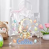 CALLIE Personalized Rabbit Chicks Easter Clear Gift Bag with Name and Initial, Custom Bunny Tote Bags Basket for Eggs, Party Favors Easter Birthday Gift for Kids, 7.87 × 7.87 × 3.15 Inch