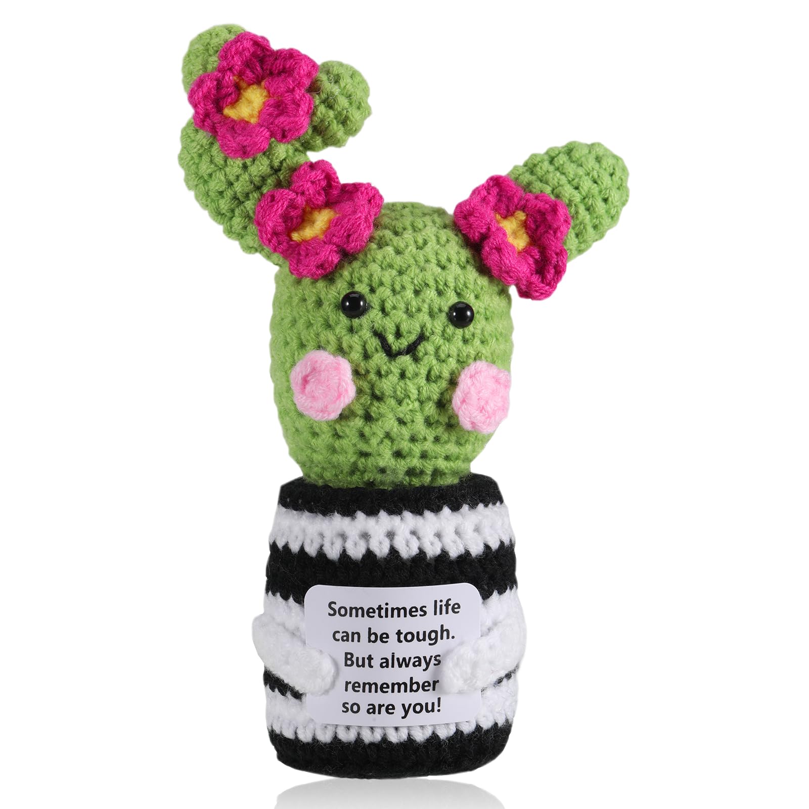 iewrtcin Positive Cactus Crochet, 6.3 inch Handmade Knitted Cactus Toy Cute Funny Potato Emotional Positive Life Doll, Emotional Support Gift with Encouraging Card for Adults Kids Room Desktop Decor