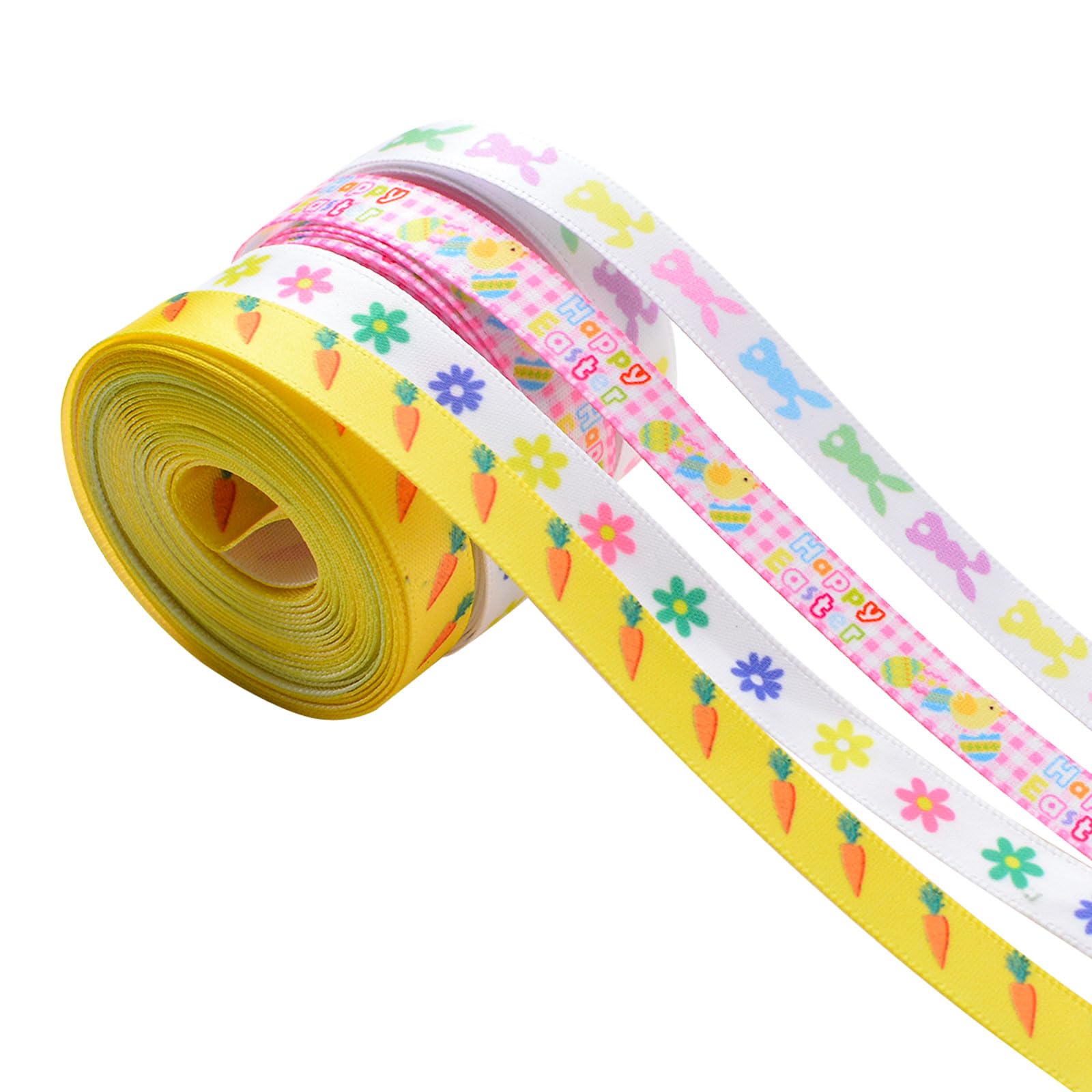 WANDIC 4 Rolls Easter Satin Ribbons, 10 Yards, Multicolor, Easter Pattern, Ideal for Decorating Eggs, Cards, Gifts and Parties