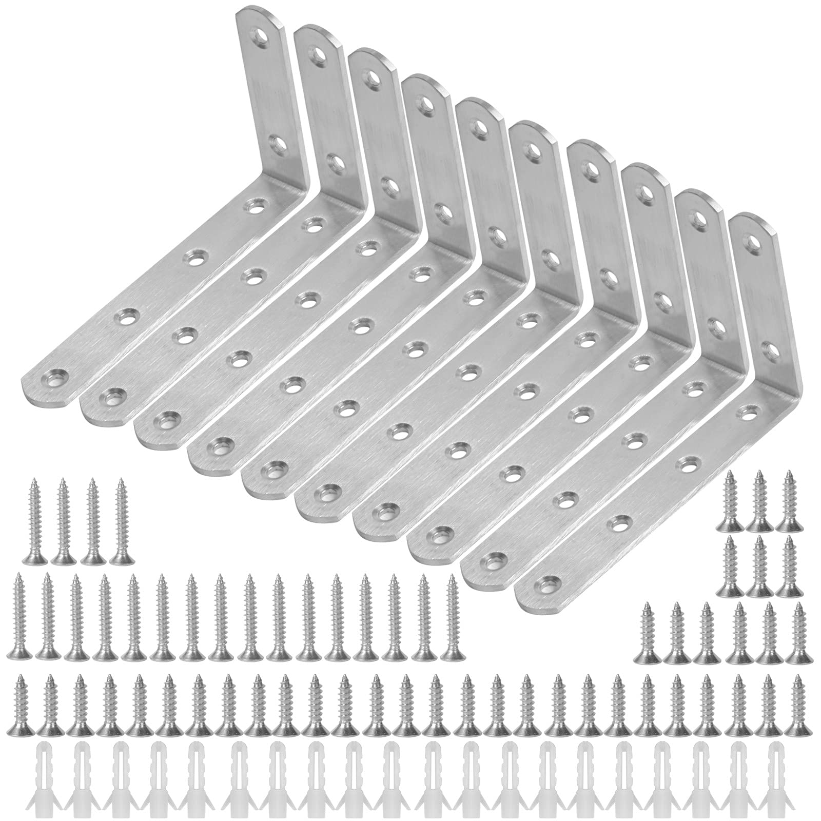 Mikihat 10 Sets Corner Brace, Stainless Steel L Shaped Corner Bracket Set Heavy Duty 90 Degree Right Angle Bracket Fastener Brace Corner Joint with Screws for Wood Shelf Windows, 125mm x 75mm, Silver
