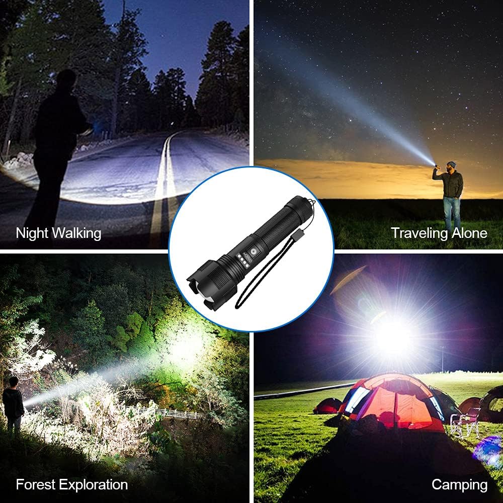 Rechargeable LED Flashlights High Lumens, 7000 Lumens Super Bright Zoomable IPX6 Waterproof Tactical Flashlight with Batteries Included & 5 Modes, Handheld Flashlight for Camping Emergencies (2PC) - - 