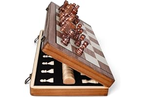 Wooden Magnetic Chess Board Set, 15 inch 2 in 1 Portable Folding Checkers Chess Set with 2 Extra Queen and Carry Bag Handmade