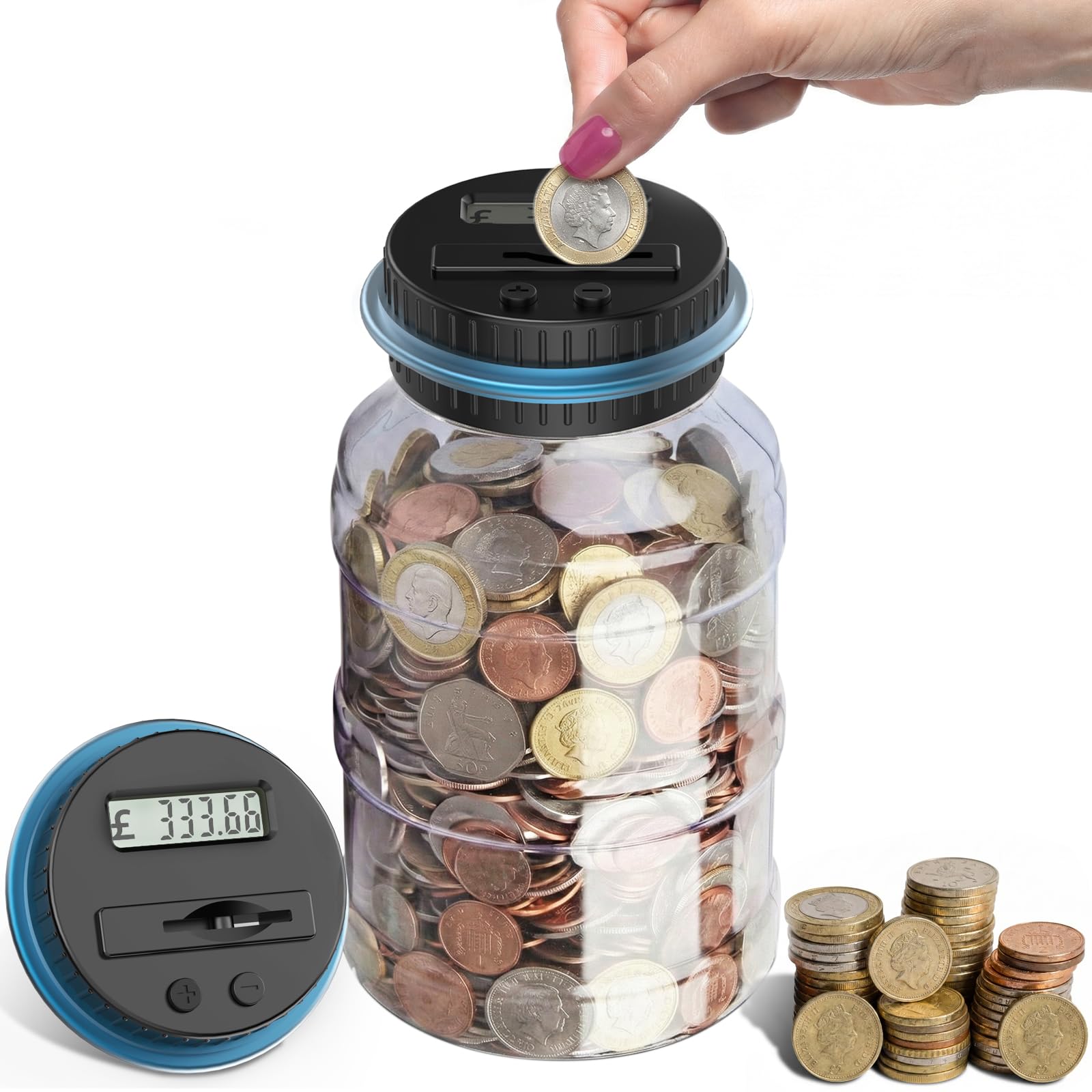 Pup Go Digital Saving Money Box UK Coins Automatic Counting, Large Capacity Transparent Money Jar with LCD Display, Piggy Bank for Kids, Money Tin for Adults, Ideal Coin Pot Gifts (Big Size)