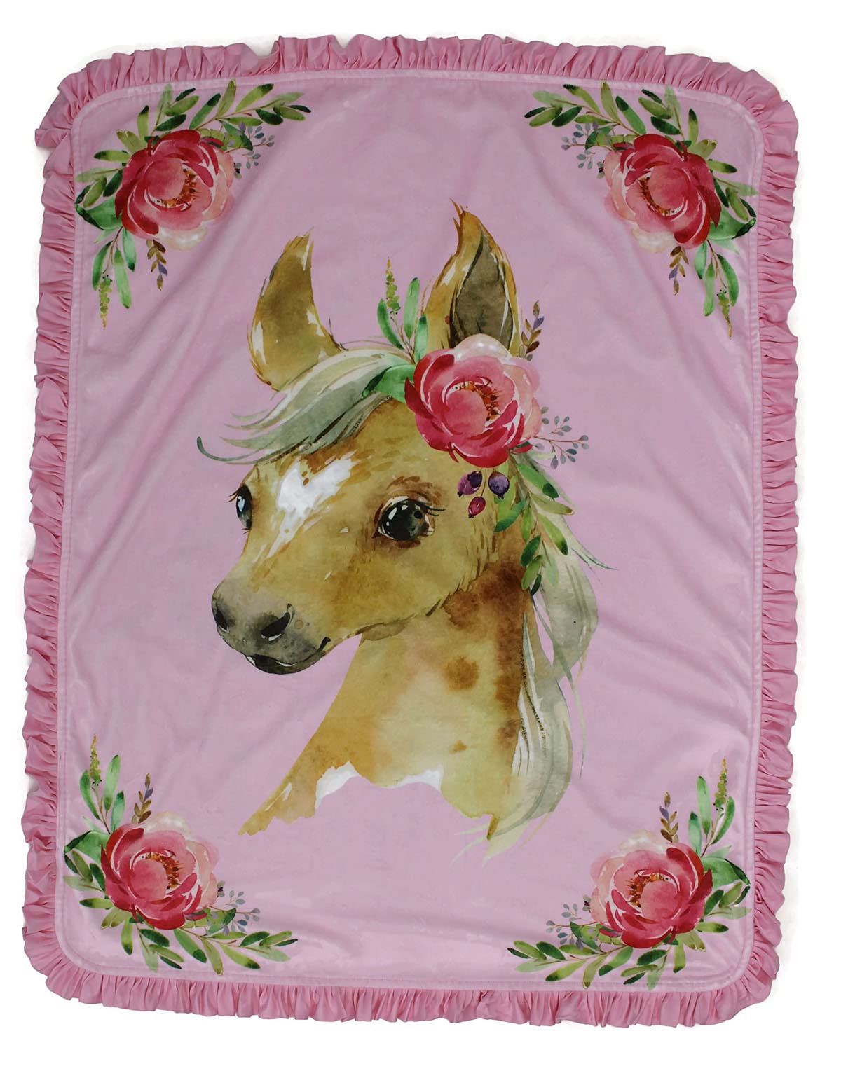 Dear Baby Gear Baby Blanket- Double Layer Blanket- Baby Blankets for Girls- Nursery Blanket for Baby Girl- Faux Quilt Soft Baby Blanket- Baby Horse with Roses Pink Print- 40x30