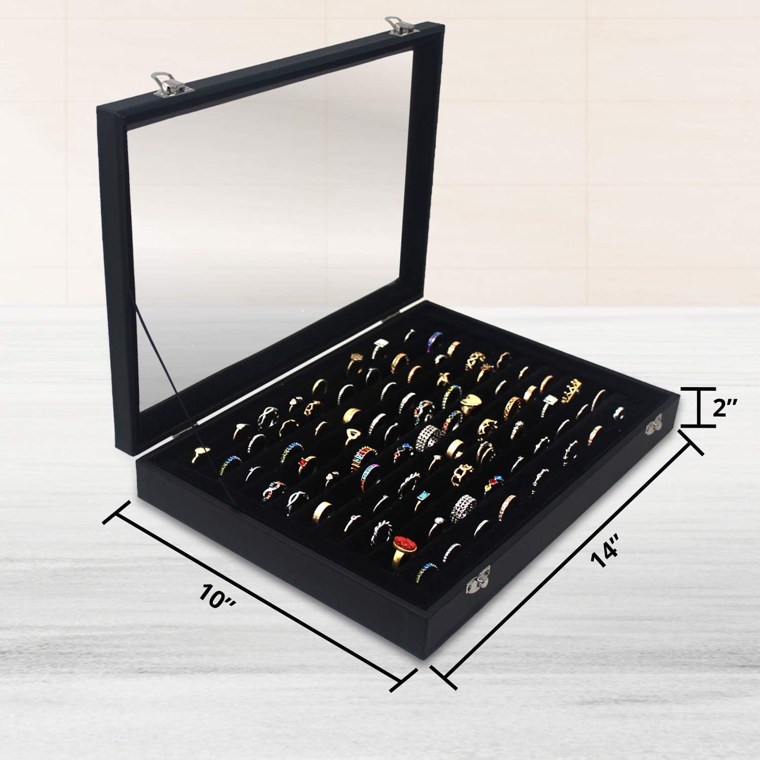 100 Slots Ring Storage Display Box with Transparent Lid ~ Ring Holder Showcase for Store Display, Jewelry Show & Home ~ Jewelry Tray Organizer (Black): Home & Kitchen