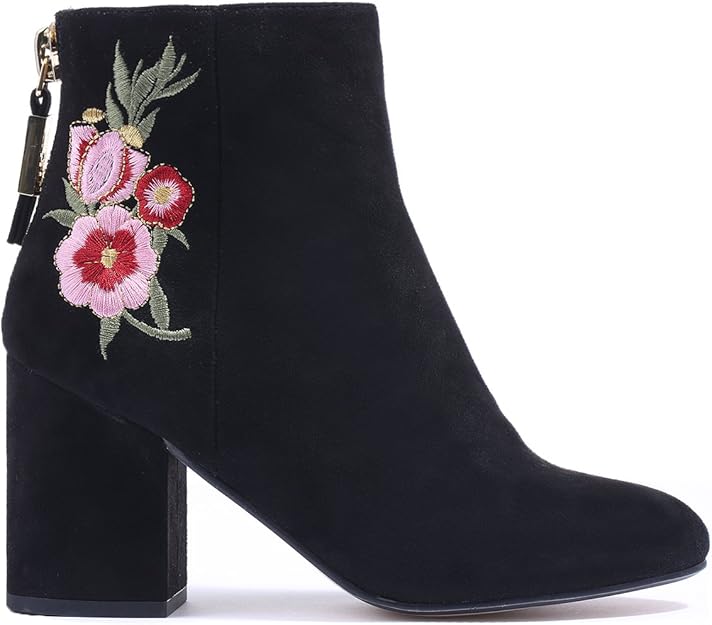 meilidress Women Embroidered Ankle Boots Suede Chunky High Heel Short