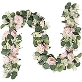 MAKHOT 2 Pcs Pink 6.6Ft Artificial Eucalyptus Flower Garland with Fake Rose Flower Vine Seeded Eucalyptus Leaves Greenery Garland for Wedding Table Backdrop Party Centerpiece Room Decor (Pink)