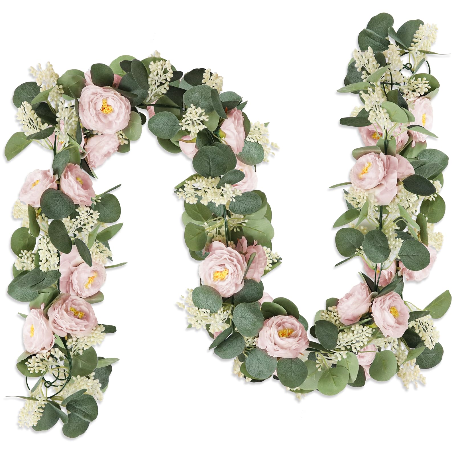 Photo 1 of MAKHOT 2 Pcs Pink 6.6Ft Artificial Eucalyptus Flower Garland with Fake Rose Flower Vine Seeded Eucalyptus Leaves Greenery Garland for Wedding Table Backdrop Party Centerpiece Room Decor (Pink)