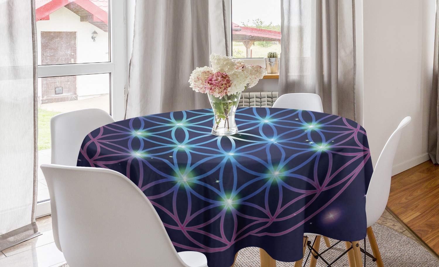 ABAKUHAUS Mandala Round Tablecloth, Flower of Life Design on Dark Toned Background with Ombre Effect, Circle Table Cloth Cover for Dining Room Kitchen Decoration, 60", Pale Blue Violet Indigo