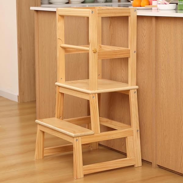 KITCHEN STEP STOOL FOR KIDS WITH SAFETY RAIL,TODDLER STANDING TOWER FOR KITCHEN COUNTER, BABY MONTESSORI STOOL,SOLID WOOD CONSTRUCTION,NATURAL