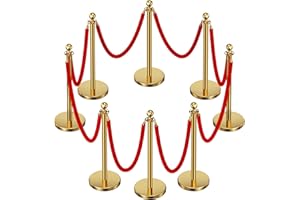 CAMMOO 8pcs Sturdy Gold Stanchion Posts and 8pcs High Quality Red Carpet Velvet Ropes, Water/Sand/Concrete Fillable Leakproof Base, Crowd Control Barriers for Birthday, Prom, Business, Wedding