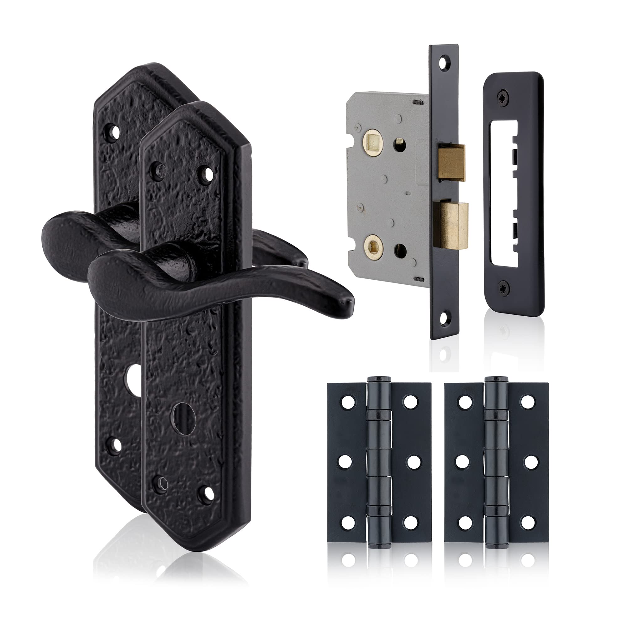 XFORT Smithy's Range London Suite Lever Bathroom Pack Black Antique, Complete Set with Bathroom Handles, 65mm Bathroom Lock and 75mm Ball Bearing Hinges, Door Handles Set for Internal Wooden Doors.