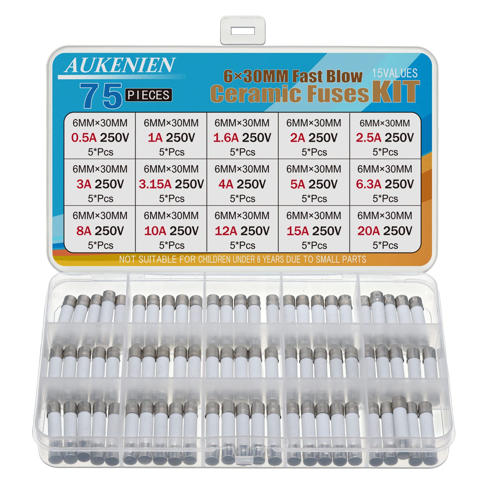 AUKENIEN 6X30MM Fast Blow Ceramic Fuses Kit 15 Values 0.5A 1A 1.6A 2A 2.5A 3A 3.15A 4A 5A 6.3A 8A 10A 12A 15A 20A 250V 6X30 MM 0.5 1 1.6 2 2.5 3 3.15 4 5 6.3 8 10 12 15 20 Amp 250 Volt Quick Fuse