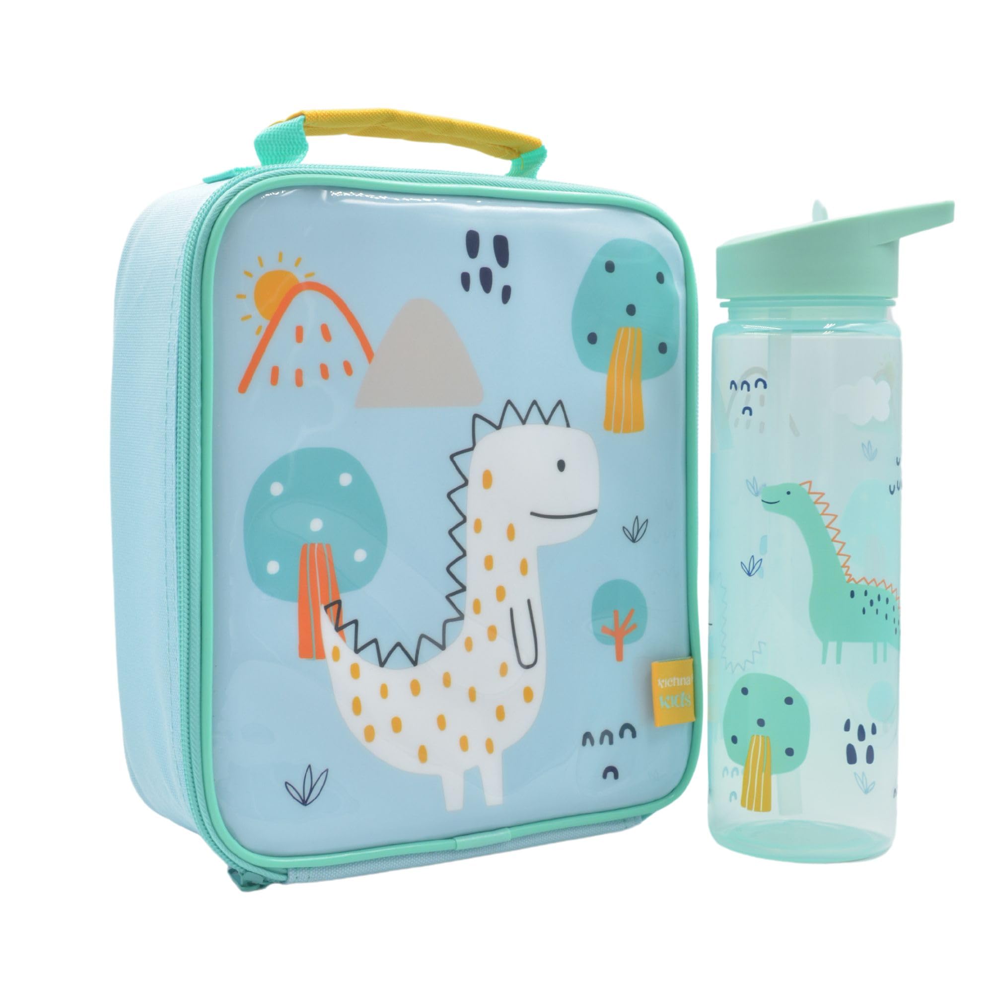 Kichna Kids Doodle Dino Insulated Lunch Bag and Water Bottle Set Childrens Cooler Bag and Water Bottle with Flip Up Spout Straw