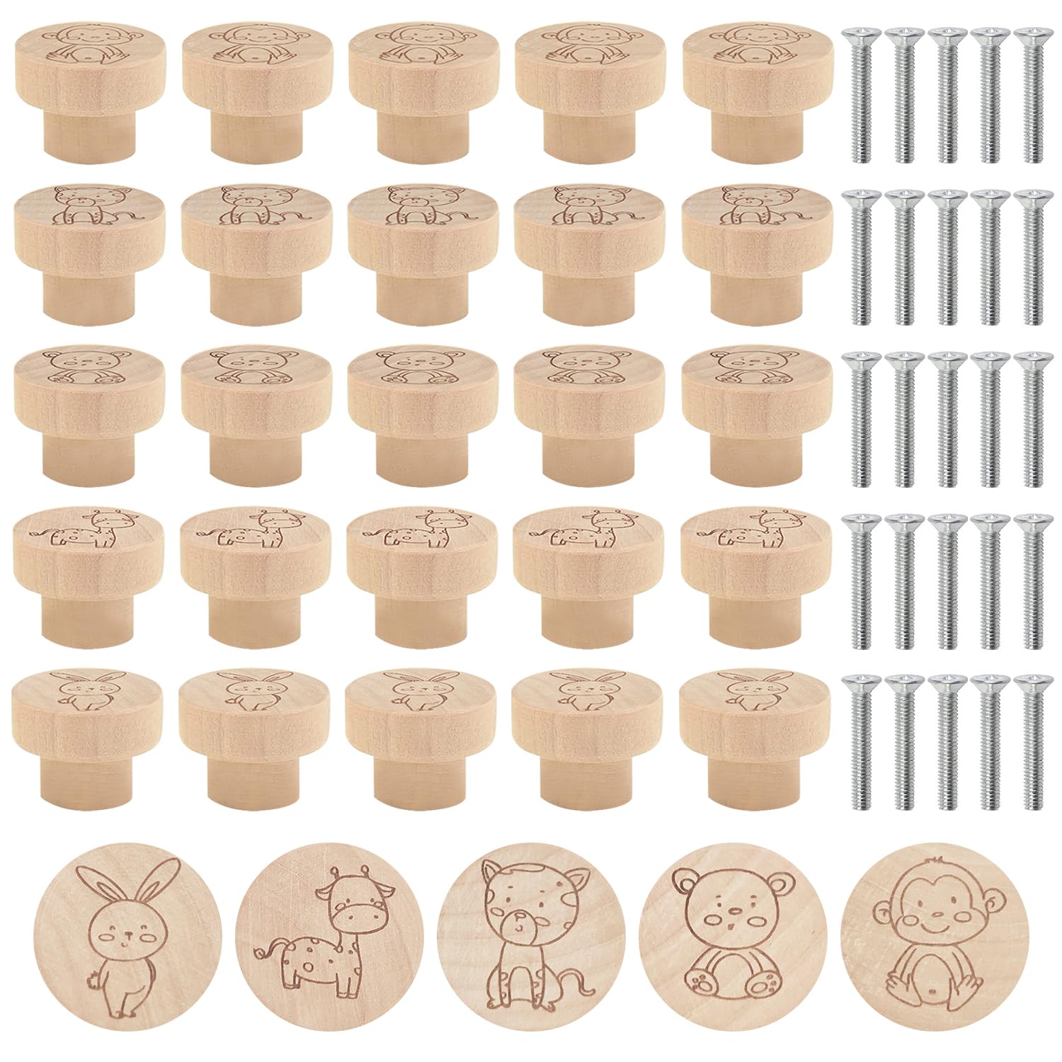 JReHuiG Pack of 25 Wooden Furniture Knobs, Animal Prints Cabinet Handles, Round 25 x 35 mm Wooden Handle, Wooden Knob for Cabinet, Dresser, Living Room, Drawers, Cupboard, Kitchen (25)