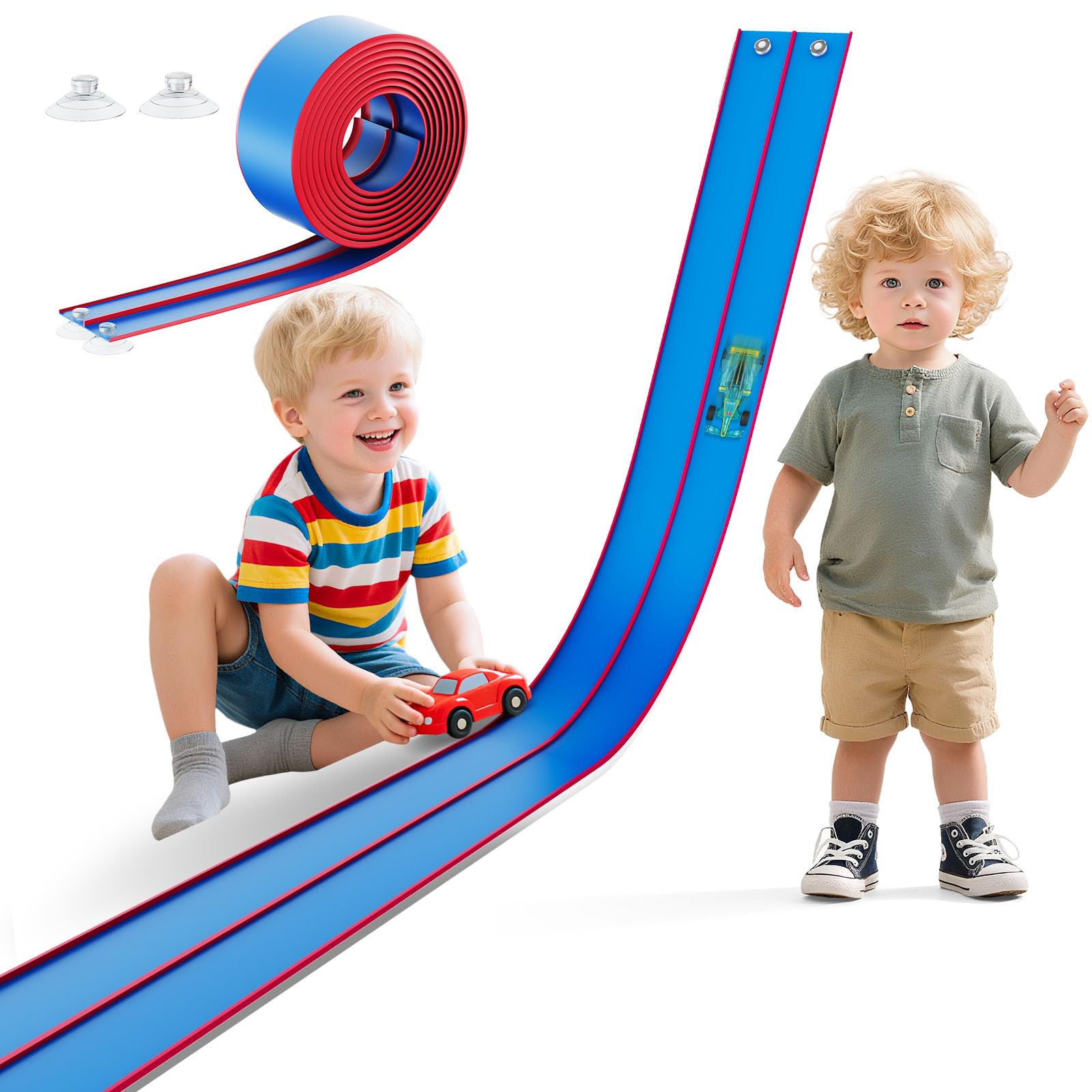 Photo 1 of 15 Ft Flexible Race Track for Kids – Portable Car Race Track Starter Set with Suction Cups, Rolls Up Easy, Compatible with 1/64 Diecast Cars, Birthday Gift for Boys & Girls Ages 3+ (Blue&Red)