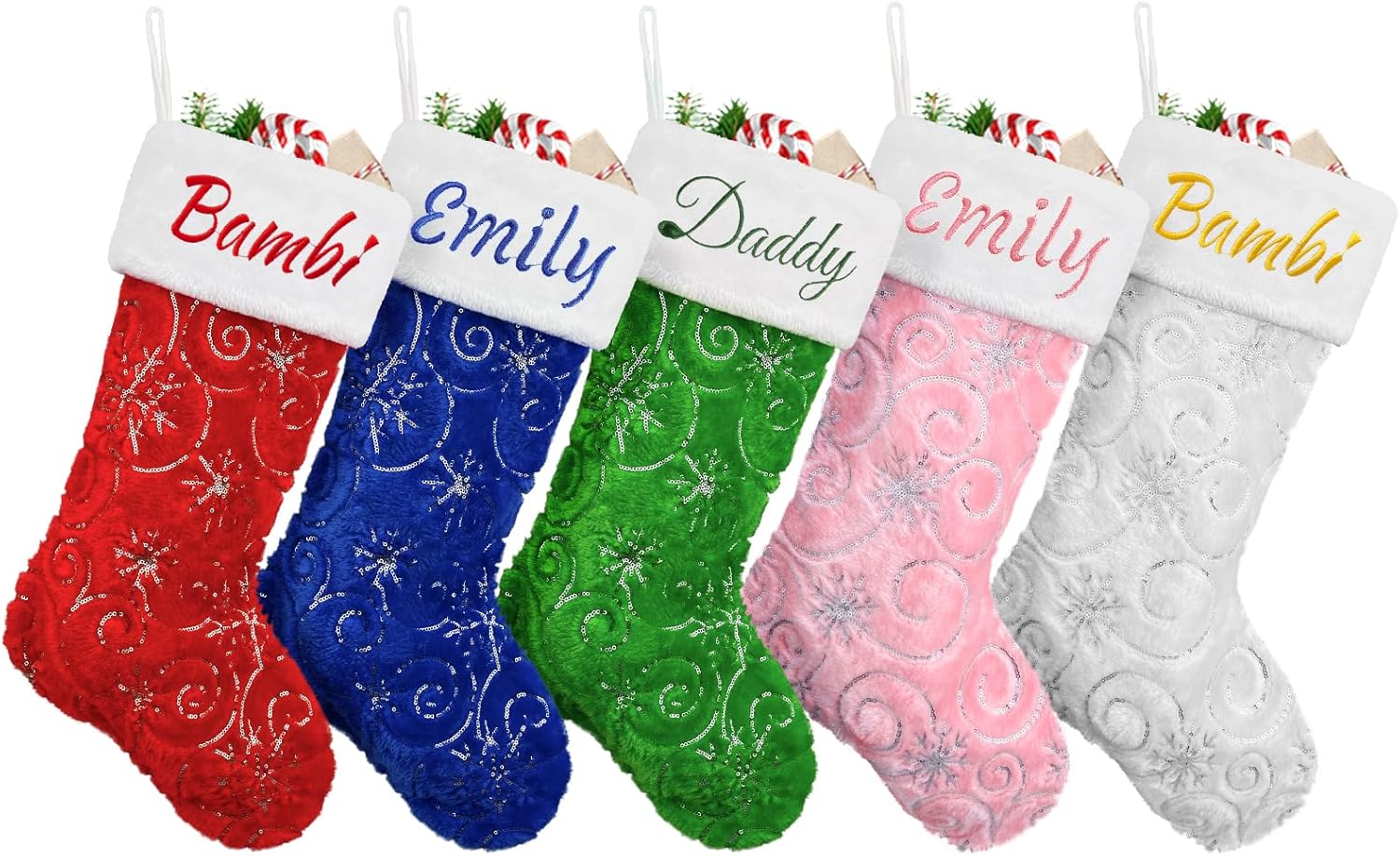 Stockings & Holders - AtiMing Personalized Plush Christmas Stockings 4 Pack Large Pink White Grey Fur Custom Christmas Stockings with Embroidered Name Customized Xmas Hanging Stockings for Family Holiday Decorations