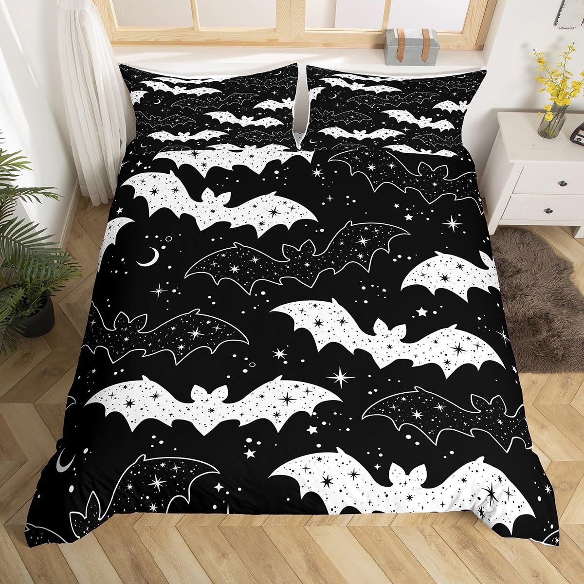 Bat Duvet Cover Set Halloween Bedding Set for Kids Boys Girls Star Moon Print Comforter Cover Set Microfiber White Black Bedspread Cover Bedroom Bedclothes Single