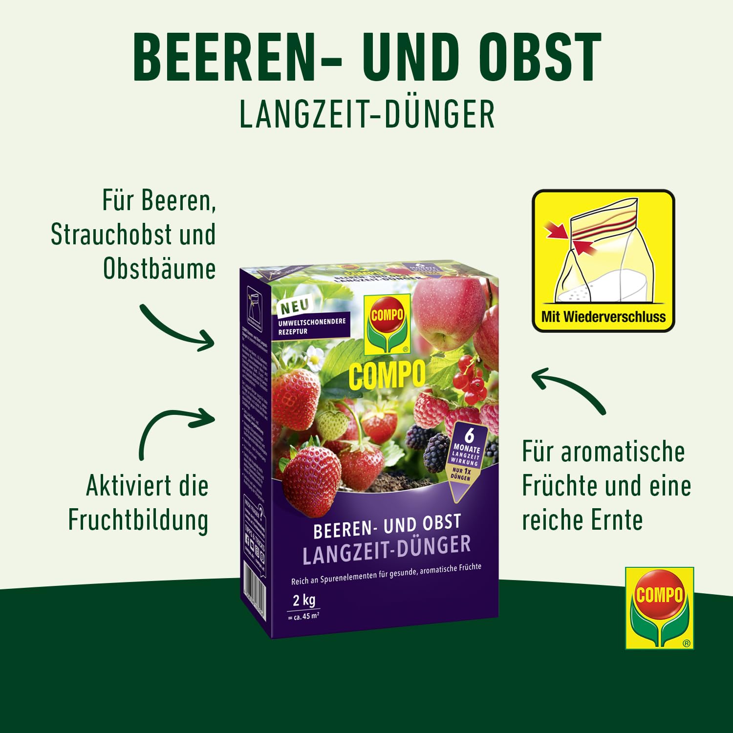 COMPO Beeren Langzeit-Dünger für Beeren, Obst und Feingemüse, Umweltschonendere Rezeptur, 6 Monate Langzeitwirkung, 2 kg, 45 m² 2
