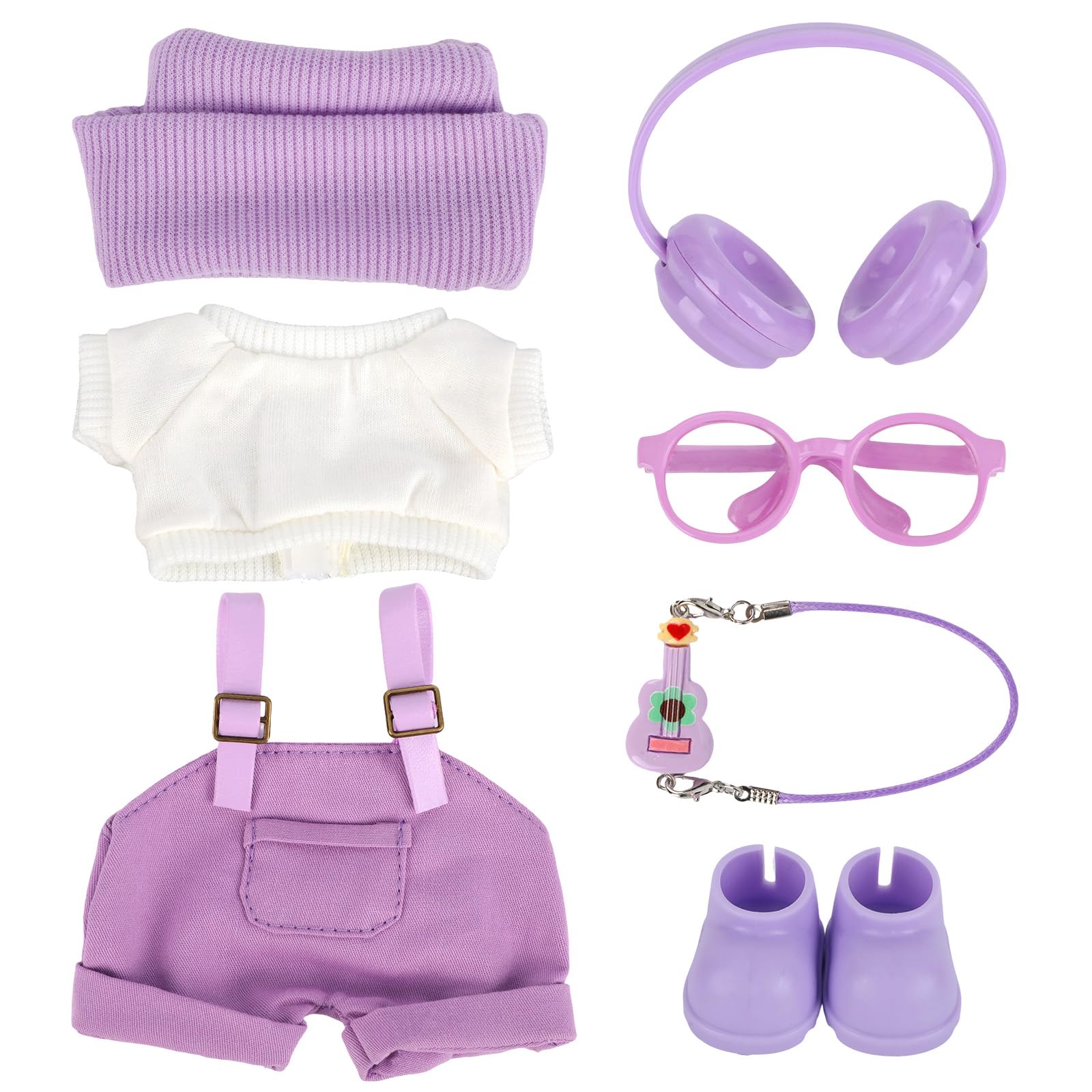 7-Piece Set Doll Clothes , 17cm/6.69in Doll Outfits Set Including T-Shirt Overalls Hat Shoes Eyeglasses Earphone Guitar Fashionable Accessories for Collectors (Purple)