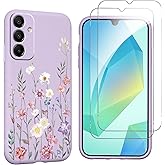 lioscre Flower Phone Case for Samsung Galaxy A16 5G 6,7'' with 2X Tempered Glass Screen Protectors, Floral Liquid Silicone Phone Cover Anti-Scratch Soft Protection Funda for Girls Women, Purple 03