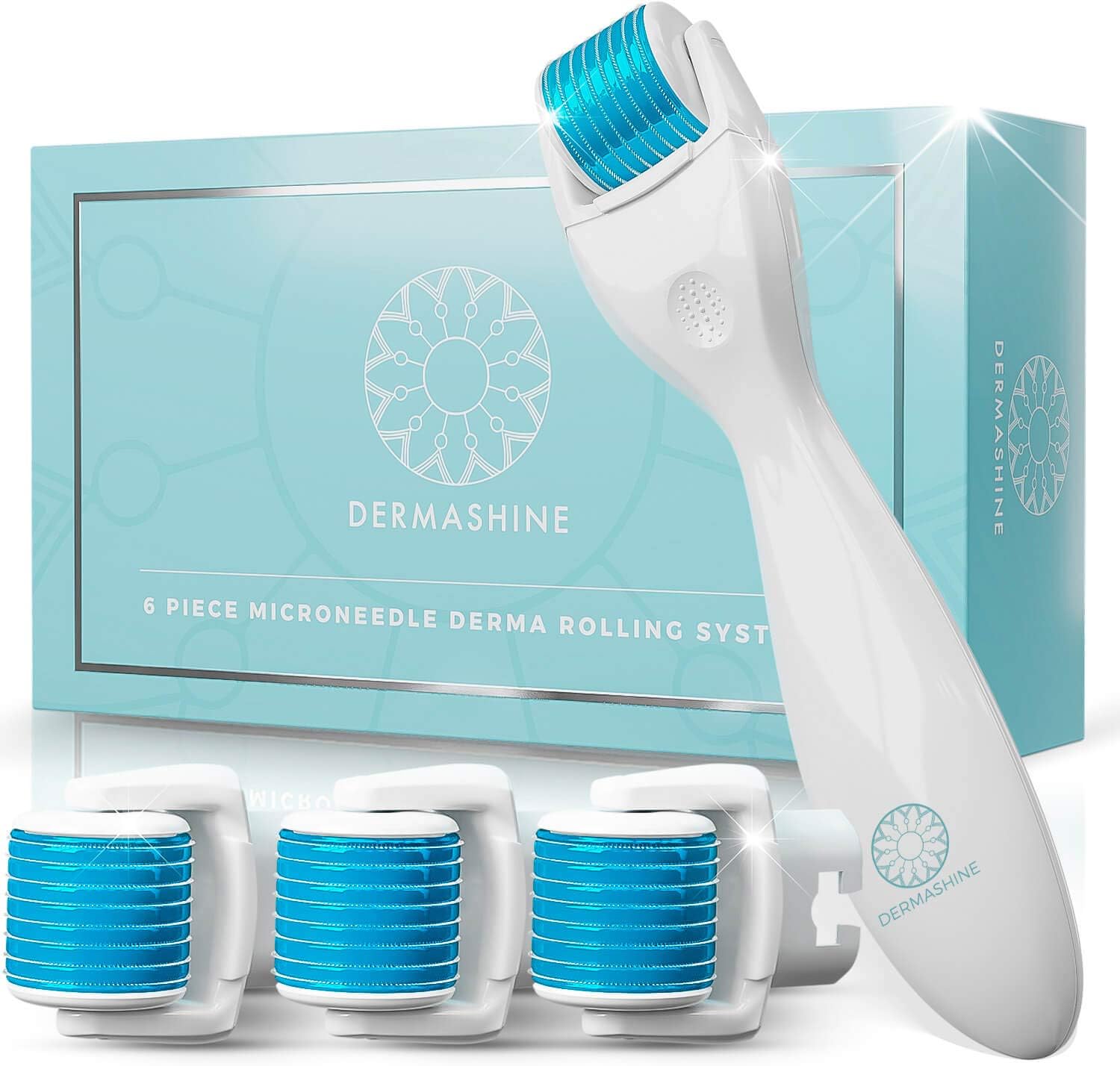 DermaShine Derma Roller 6 Piece Kit for Face & Body | Microdermabrasion for Acne Scars, Stretch Marks & Collagen Boost | .25mm Micro Needling Skin Care Set | 4 Replacement Heads, 600 Titanium Needles