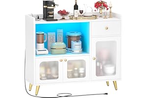 Cyclysio Sideboard Buffet Cabinet with Power Outlet, Kitchen Cabinet with LED Lights, Large Bar Cart Accent Buffet Cabinet with Door for Bedroom, Living Room, Kitchen, Hallway, White