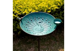 Stargarden Bird Bath, Metal Bird Baths, 12.7“Dia Peacock Pattern Outdoor Bird Bath with Stake, Decorative Hummingbird Birdbaths for Outdoors, Garden Decor
