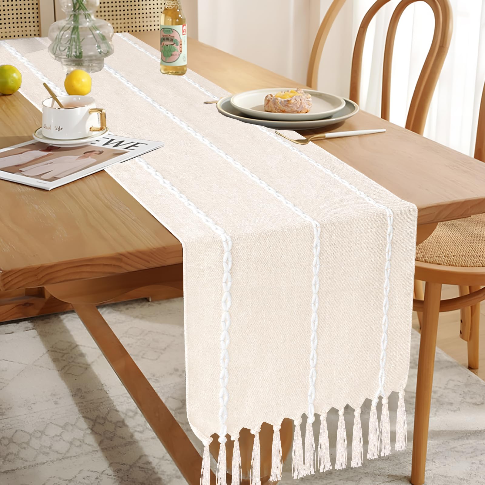 Boho Table Runner - Rustic Farmhouse Cotton and Linen with Hand-tassels, Elegant Kitchen Runner for Daily Dining and Event Decor - 13x72 inches, Beige